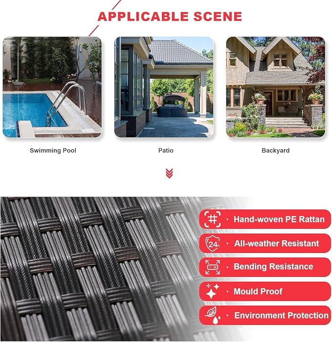 Kullavik Outdoor Patio Furniture Set 12 Pieces Sectional Rattan Sofa Set Brown PE Rattan Wicker Patio Conversation Set with 10 Red Seat Cushions and 2 Tempered Glass Table
