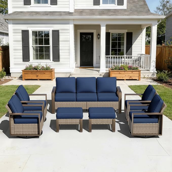 7 Pieces Metal Wicker Patio Furniture Set - 75" Sofa, Four Swivel Chairs and Two Ottomans, All Weather Rattan Outdoor Conversation Furniture with Washable Cushion for Deck Porch, Dark Blue