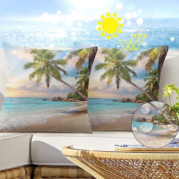 Throw Pillow Covers, Beach Tropical, 18 x 18 Inch, Set of 2 | Ocean Coastal Farmhouse Outdoor Waterproof Square Cushion Case Garden Decorative Pillows for Couch Patio