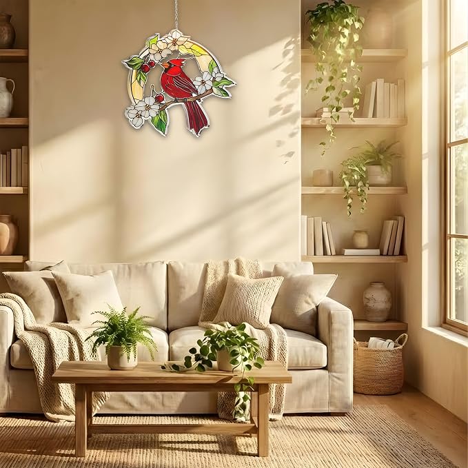 Cardinal Red Bird Suncatcher Memorial Suncatchers for Window Hanging Ornament Sympathy Stained Glass Effect Art Garden Decor for Cardinal Lover Gifts for Mother's Day, Mom, Grandma, Wife, Women, Nana