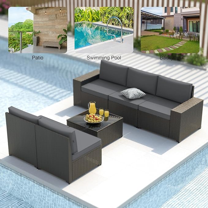 Patio Furniture Set, 6PCS Outdoor Sectional with Ottoman Wicker Rattan Patio Couch with Thickened Cushion Modular Wicker Patio Conversation Set with Glass Top Table for Balcony, Backyard(Grey)