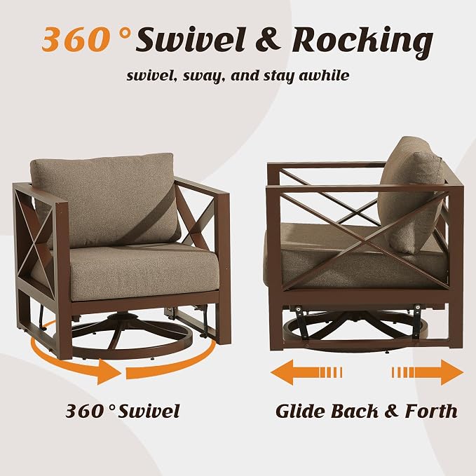 5-Pieces Square Aluminum Patio Furniture Set, Outdoor Swivel Rocking Chairs with 5.2" Thick Cushions & 2 Ottomans, All-Weather Rust-Resistant Frame Conversation Set for Porch, Garden, Backyard, Brown
