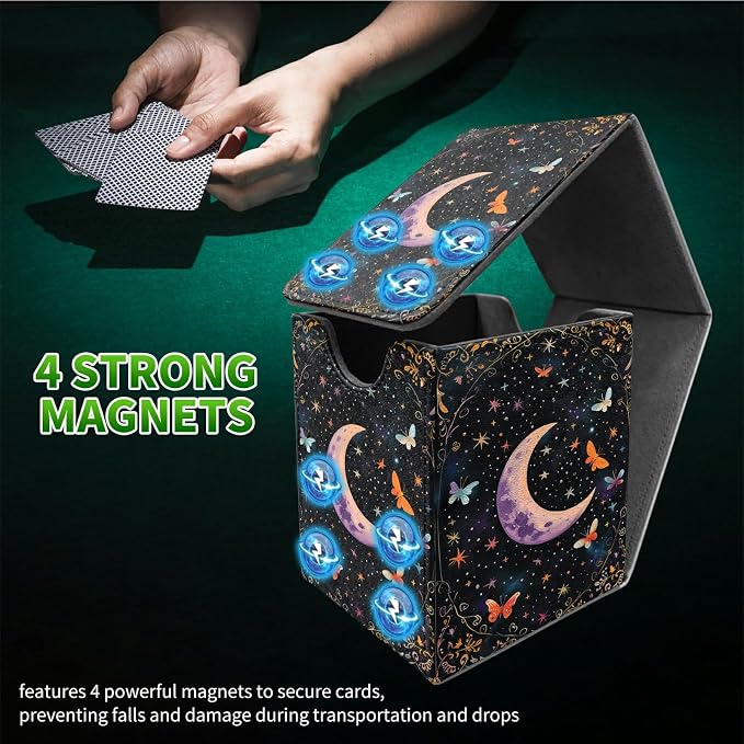Butterfly Dark Moon Card Deck Box for MTG, Personalized Card Storage Case Fits 120+ Sleeved Cards, Premium Leather TCG Box with Strong Magnetic Closure for Magic, CCG, PTCG, Baseball Cards
