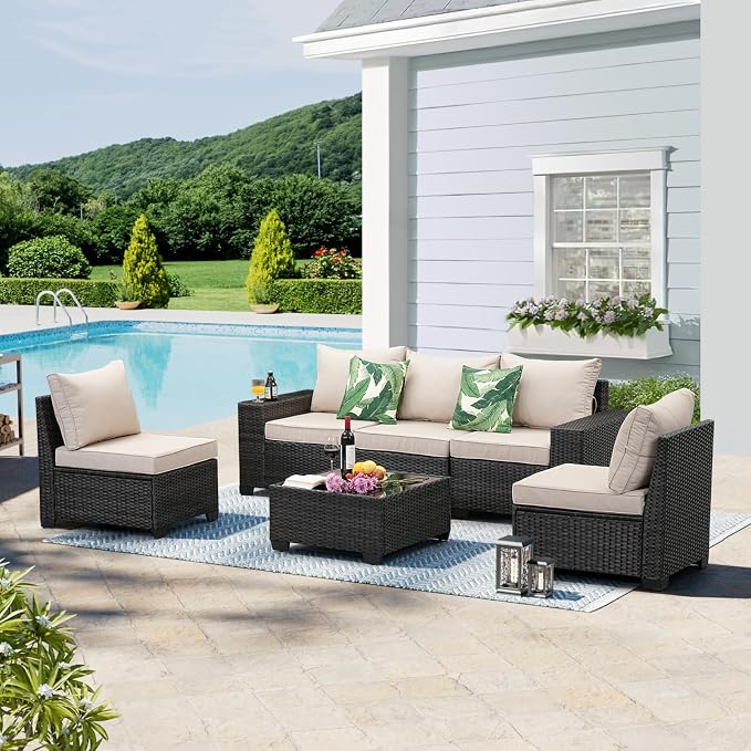6-Piece Outdoor Patio Furniture Set, Modular Wicker Sectional Sofa with Thick Cushions & Coffee Table, All-Weather Rattan Conversation Set for Backyard, Porch, Poolside, Beige