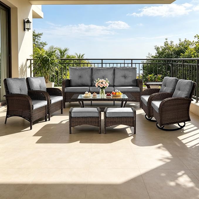 All Weather Patio Furniture Set, High Back Swivel Rocker Glider Chairs,Ottomans & Glass Tables, Outdoor Conversation Set for Deck Porch Yard Poolside (Grey, 9PCS-Swivel Chairs&Chairs&Sofa&Tables)