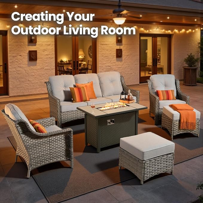 6 Piece Patio Furniture Set with Fire Pit Table, Outdoor Wicker High Back Sofa Chairs Ottoman with Comfy Cushions, Modern Conversation Sets for Backyard Deck Garden Poolside, Grey