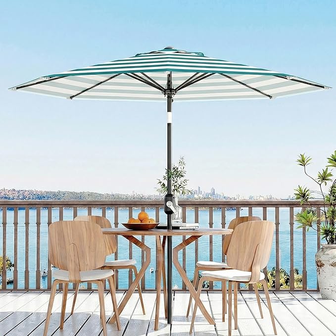 GarveeLife 10FT Patio Umbrella Outdoor, Table Umbrella with Push Button Tilt and Crank, 8 Sturdy Ribs UV Protection Waterproof for Garden, Pool, Market, Deck (Turquoise Blue & White Stripe)