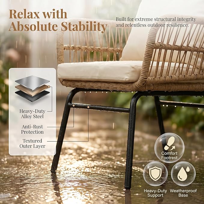 BULEXYARD 5 Pcs Boho Outdoor Patio Furniture Sets, L Shaped Natural Color Wicker Conversation Sectional Sofa w/Cozy Beige Cushion, Outdoor Chairs w/Coffee Table for Backyard Porch Deck