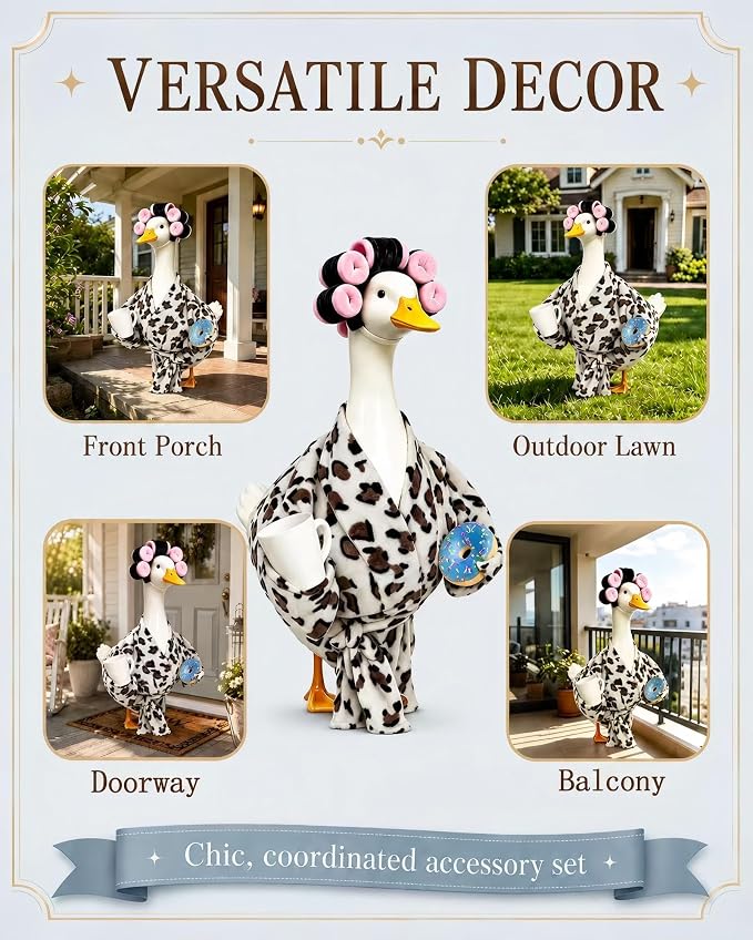 Goose Porch Outfit, 23-Inch Goose Statue, Leopard Print Bathrobe for Patio Home Decor, Comes with Curler, Waist Belt, Donut & Coffee Cup