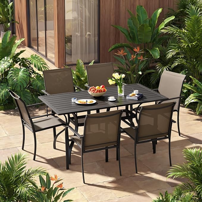 7-Piece Patio Dining Set,6 Person Outdoor Table and Chairs Set, 6 Metal Dining Chairs and Rectangular Outdoor Table with 1.57" Umbrella Hole,Khaki
