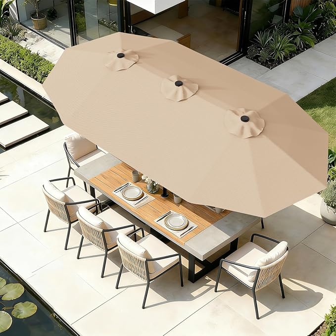 AreShark 15FT Outdoor Patio Umbrella with Crank, Large Rectangular Market Umbrella, Double-Sided Outdoor Umbrellas with Cross Base & Sandbag for Porch, Lawn, Pool, Backyard, Beige