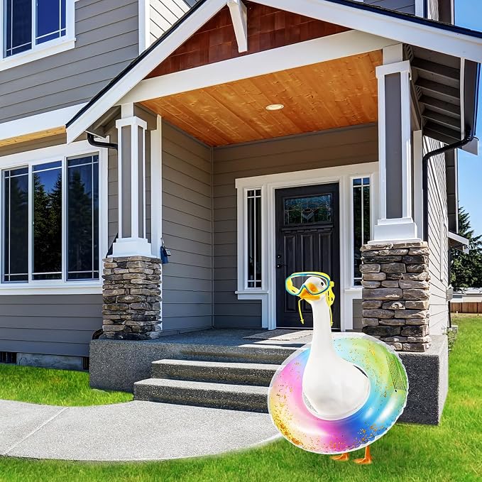 Aliceset 2 Pcs Summer Porch Goose Outfits Hawaiian Pool Goose Cloth Costume Swimsuit with Swim Ring Sunglasses, Fits 23'' Lawn Statue for Patio Yard Garden Outdoor Decor(Rainbow Style)