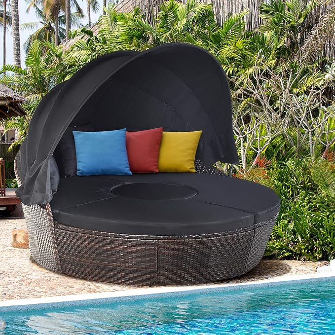 RELAX4LIFE Round Outdoor Daybed with Canopy, Rattan Wicker Sectional Sofa Set w/Cushions, Height Adjustable Table, Conversation Bed Lounger Separated Seating for Outside Pool, Patio Daybed (Black)