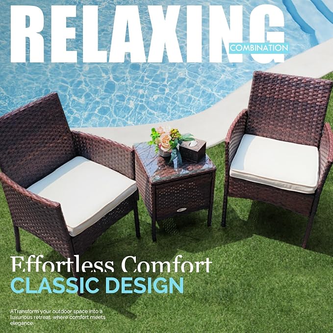 DIMAR GARDEN 3 Pieces Outdoor Patio Furniture Set Porch Conversation Rattan Wicker Chairs with Coffee Table,Mix Brown