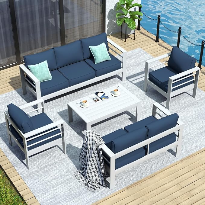 Aluminum Patio Furniture Set,Outdoor Metal Sectional Sofa with Table and Waterproof Covers,Blue Modern Patio Furniture Set for Garden Backyard (8-Piece)