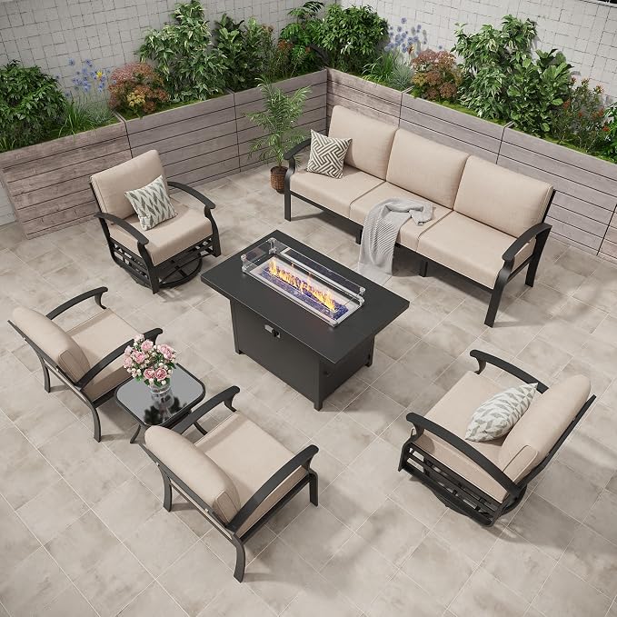 Aluminum Outdoor Patio Furniture Set,7 Seats Patio Conversation Sets with 45" Propane Fire Pit Table,Metal Patio Sectional Furniture Set with 2 Swivel Rocking Chairs,Sand