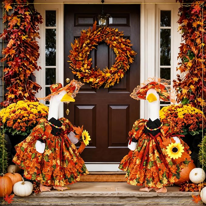 Suzile Fall Maple Porch Goose Outfit Goose Clothes for 23 Inch Cement or Plastic Geese Costume Dress for Yard Lawn Outdoor Garden Patio Duck Statue Autumn Thanksgiving Party Holiday Decor