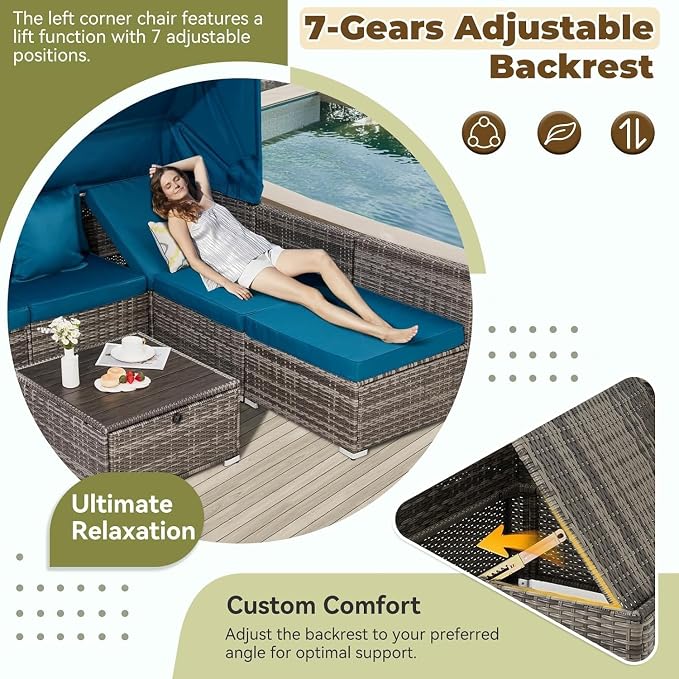 6-Piece Outdoor Patio Furniture Set with Retractable Canopy, Grey Rattan Sectional Sofa with Adjustable Backrest, Conversation Set for Garden Deck Backyard Lounge Area(Gray)