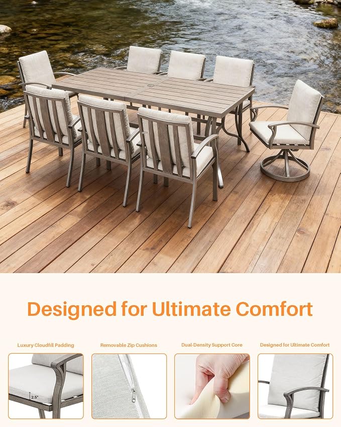 9-Piece Patio Dining Set, Never-Rust Aluminum Outdoor Dining Set for 8, Patio Furniture Sets, 6 Dining Chairs, 2 Swivel Dining Chairs for Decks, Garden, Backyard, Lawn, Limed Oak
