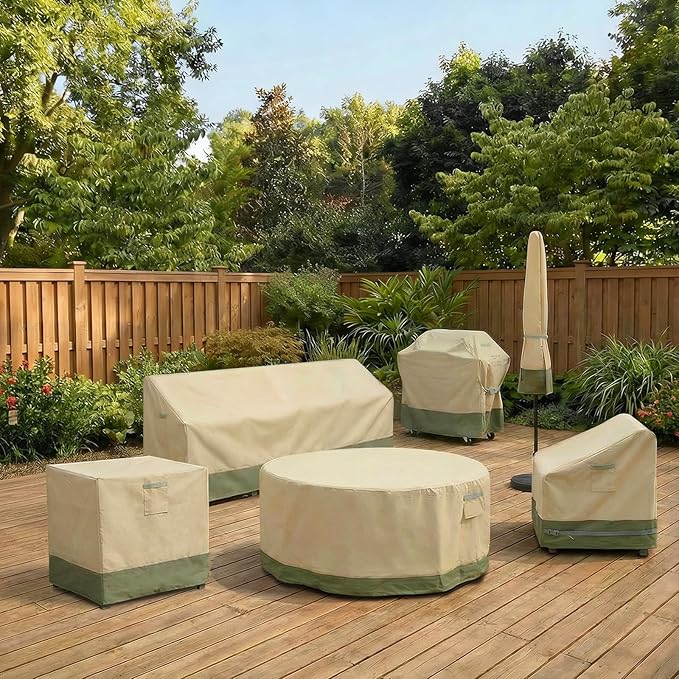 BPS Waterproof Patio Table and Chairs Cover, 600D Anti-UV Outdoor Dining Furniture Set Cover with Air Vent and Storage for Patio Round Sectional Set, 120''Dia x 32''H