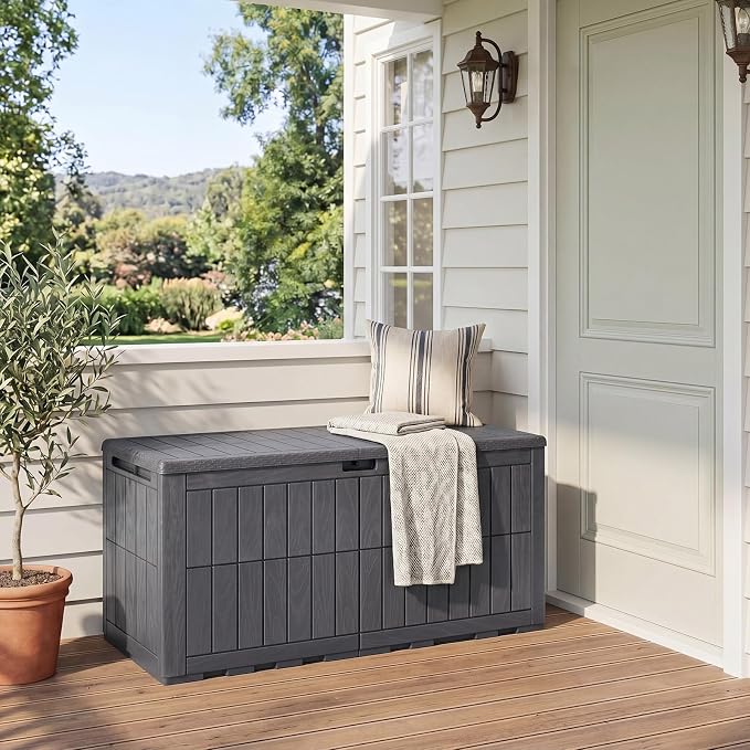 Tangkula 100 Gallon Outdoor Storage Box, Waterproof PP Resin Patio Storage Box with Lockable Lid for Indoor & Outdoor Use, 2-in-1 Rattan Design Deck Box for Cushions, Garden Tools