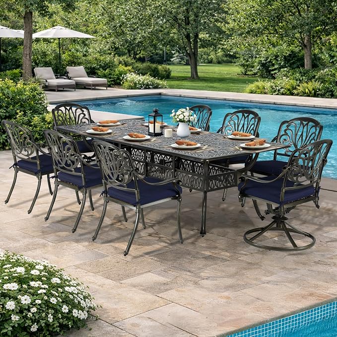 VIVIJASON 9-Piece Outdoor Dining Set, Cast Aluminum Patio Furniture Table & Chairs Set, Include 94.5" Rectangular Table, 2 Swivel Rocker Chair, 6 Stationary Chairs, Umbrella Hole, Navy Blue Cushion
