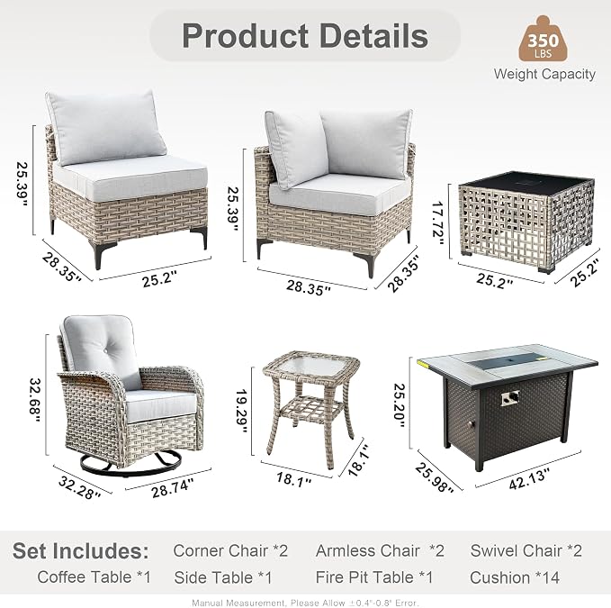 Outdoor Sectional Patio Furniture Set with Fire Pit Table,9 Pieces Rattan Wicker Conversation Sets L Shaped Couch,Outside Furniture with Swivel Chairs Glowing Coffee Table,Light Grey