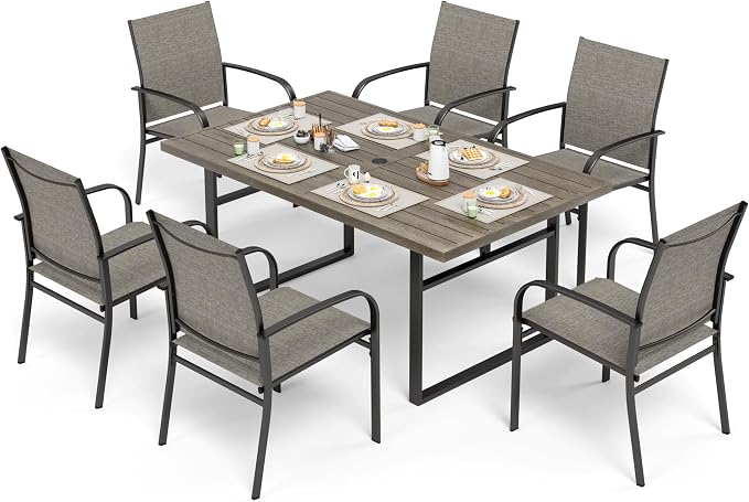 SUNSHINE VALLEY 7 Piece Patio Dining Set for 6, 64” Rectangular Wood-Like Metal Table with Umbrella Hole and 6 Chairs, Outdoor Table and Chairs Set for Lawn Backyard and Deck, Brown