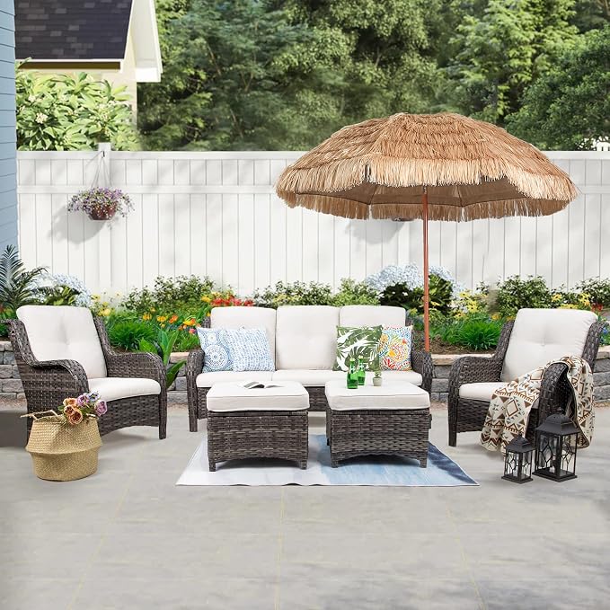Patio Furniture Set 5-Piece Wicker Outdoor Furniture Conversational Set with 3-Seat Sofa, 2 Armchairs, 2 Ottoman Patio Rattan Wicker Sectional Sofa Set with Olefin Cushions, Beige