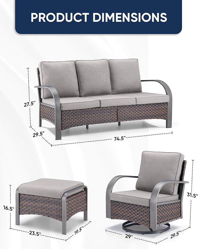 HUMMUH Outdoor Patio Furniture Sets-Wicker Patio Furniture Couch and Swivel Rocker Chairs Conversation Set for Deck Porch Garden Poolside Backyard-Brown/Grey