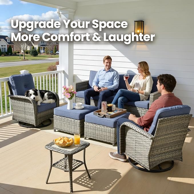 6 Piece Wicker Patio Furniture with Swivel Rocker Chair,Denim Blue | High Back Swivel Rocker Chairs, Outdoor Sofa Ottoman, Heavy Duty, All Weather Rattan Modern Conversation Sets, Deck Backyard