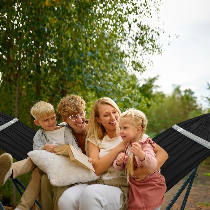 Tranquillo Ultimate Relaxation Portable Hammock Stand with Cotton Canvas Net, Spreader Bar, Quick Fold Unfold in 30 Seconds Steel Frame Hammock 600 lbs Capacity Outdoor, Black