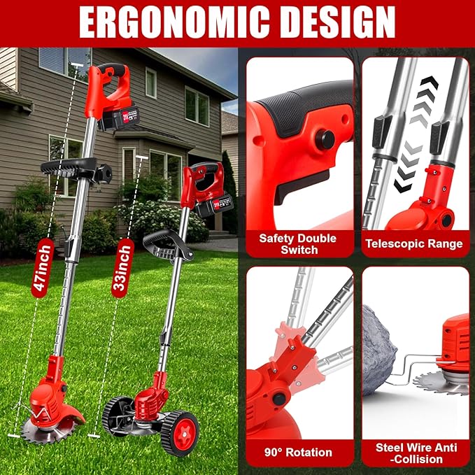 Cordless Weed Wacker, Electric Grass Trimmer 21V 2.0Ah Battery Powered Weed Trimmer, 3 in 1 Stringless Lightweight Brush Cutter/Edger/Mower with 4 Types Blade & Wheels for Garden and Yard Lawn