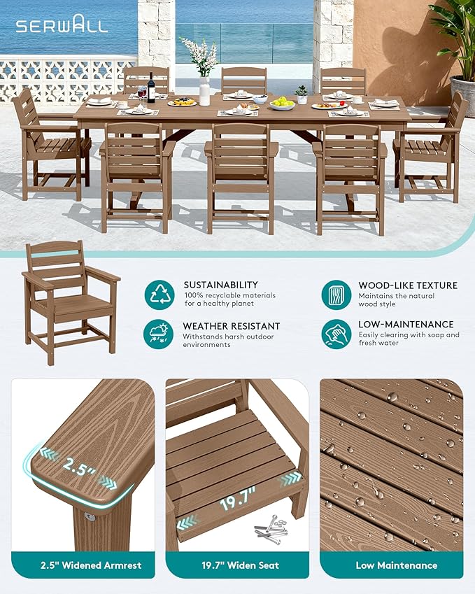 SERWALL Outdoor Dining Chairs Set of 2, All-Weather HDPE Patio Chair with 19.7" Widened Seat, for Backyard, Garden, Brown