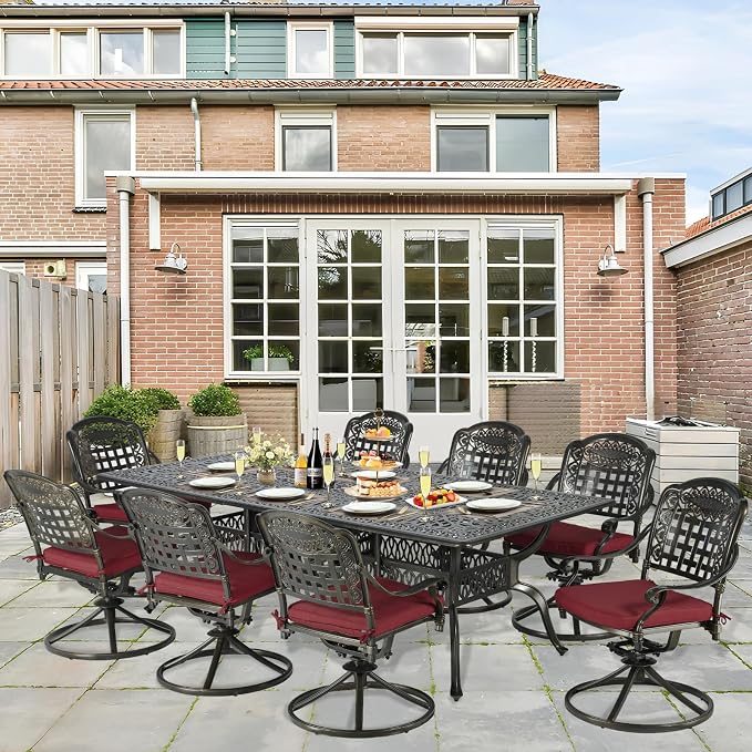 9-Piece Patio Cast Aluminum Dining Set, Outdoor Table and Chairs Set for 8, Includes 94.5" Rectangular Dining Table and 8 Swivel Rocker Chairs with Umbrella Hole for Lawn Garden, Red