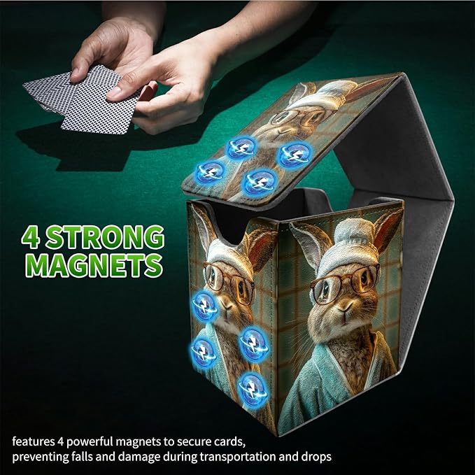 Glasses Rabbit Card Deck Box for MTG, Personalized Card Storage Case Fits 120+ Sleeved Cards, Premium Leather TCG Box with Strong Magnetic Closure for Magic, CCG, PTCG, Baseball Cards