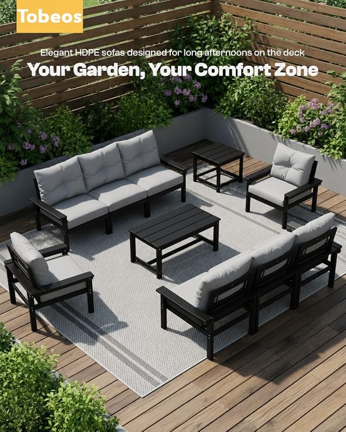 HDPE 7 Piece Patio Furniture Set, All-Weather Outdoor Couch Set with Thick Cushions & Table & Umbrella, Patio Conversation Sets for Lawn, Garden, Porch, Balcony, Deck, Poolside, Black & Grey