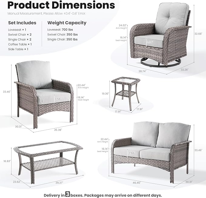 ovios 7-Piece Patio Furniture Set, Outdoor Wicker Sofa with Swivel Chairs Coffee Table, High Back Rattan Couch Loveseat with Comfy Cushions for Porch Yard Deck, Grey