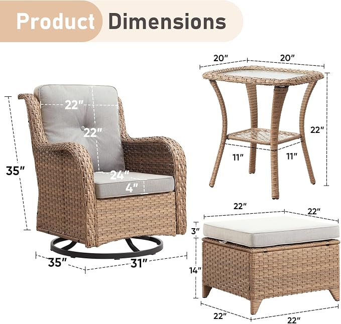 5 Pieces Patio Furniture-PE Wicker Outdoor Swivel Rocker Patio Chairs with Side Table Ottomans Outdoor Conversation Set for Porch Deck Balcony Garden-Yellow/Beige