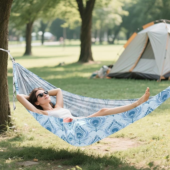 Camping Hammock Outdoor Hammocks for Outside Damask Peacock Feather Beach Trees Portable Lightweight with Pockets Tree Straps Indoor Small