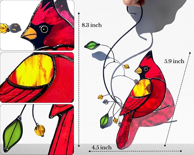 Cardinal Stained Glass Sun Catcher Window Hanging - Handmade Memorial Gifts for Grandma, Women, Mothers Day Ornament (Gifts Ready Packaging) - Red Bird Stain Glass Suncatcher Indoor Decor