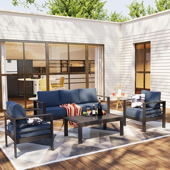 Amopatio Aluminum Patio Furniture, 6 Pieces Metal Outdoor Furniture Set, Outdoor Sectional Modern Sofa Sets with Coffee Table for Pool, Garden, Dark Grey&Blue (Included Waterproof Covers)