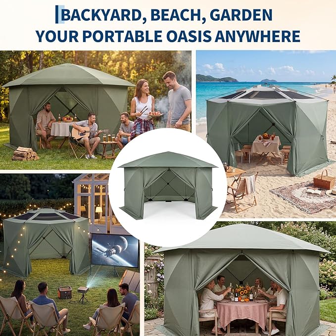 GarveeHome 13x13FT Pop Up Gazebo Screen Tent, 6-Sided Canopy with Detachable Eaves & Starry Sky Top, 210D Oxford Water-Proof Instant Shelter with Mosquito Netting for Backyard Camping, Green & Gray