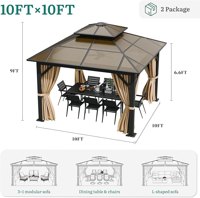 YITAHOME 10X10FT Polycarbonate Gazebo Outdoor Patio Double Top Canopy Galvanized Iron Aluminum Column Garden Tent Curtains Netting for Backyards Decks Lawns,Brown