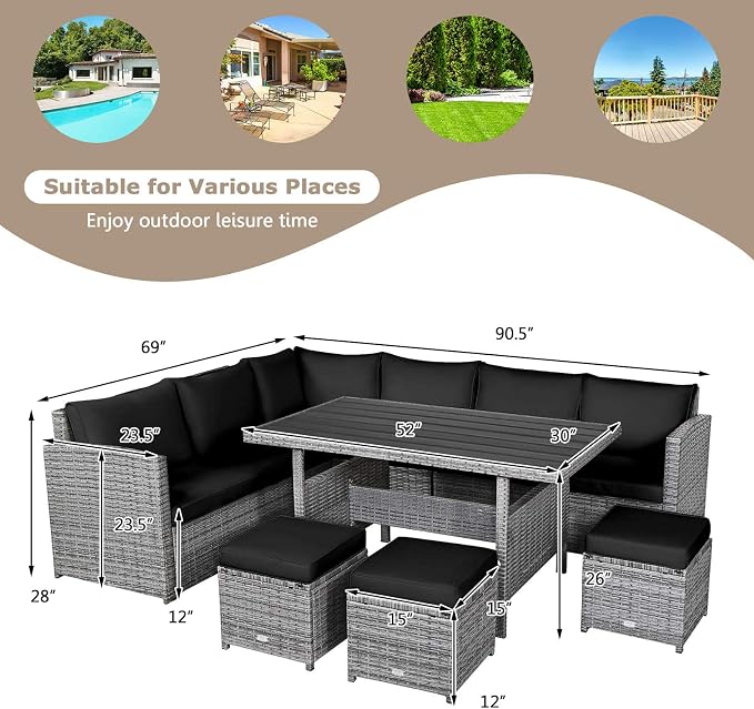 HAPPYGRILL 7 Pieces Rattan Wicker Patio Conversation Set, Outdoor Patio Furniture Set with Cushions, Rattan Sofa Set with Dining Table & Ottomans for Poolside Backyard Balcony Garden (Black)