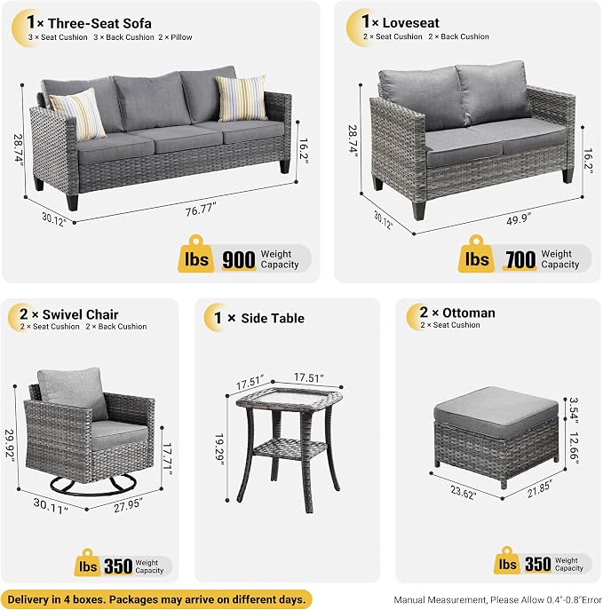 ovios 7 Pieces Patio Furniture Set, Outdoor Wicker Rattan Sofa Couch with Swivel Glider Chairs Loveseat Comfy Cushions Modern Conversation Set for Backyard Porch, Dark Grey