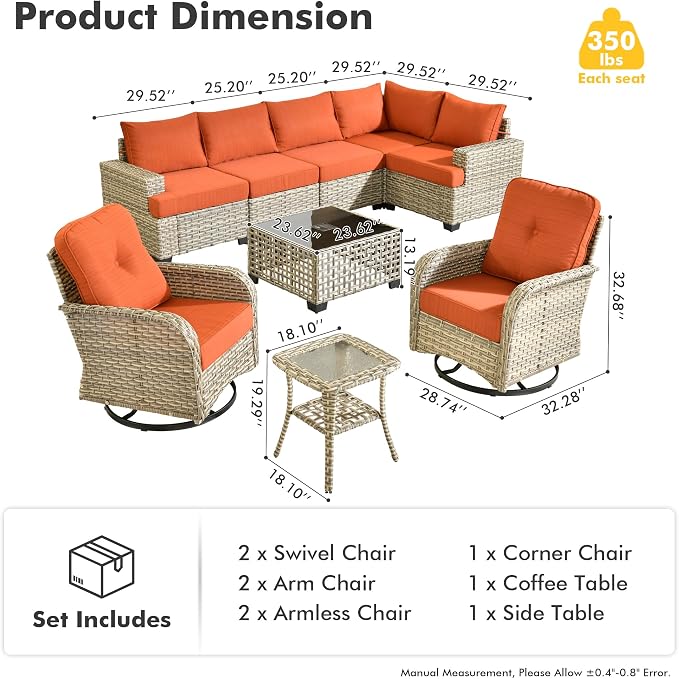 CAODOC 9 Piece Patio Furniture All Weather 7-Seater Outdoor Sectional Sofa with Patio Swivel Chairs and Solar Powered Coffee Table for Porch,Garden,Backyard,Deck(Red)