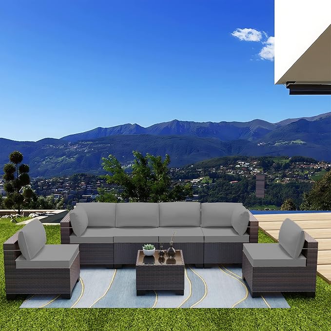 Kullavik 7 Pieces Outdoor Patio Furniture Set,Sectional Rattan Sofa Set Brown PE Rattan Wicker Patio Conversation Set with Tempered Glass Coffee Table and Washable Cushions Covers,Grey
