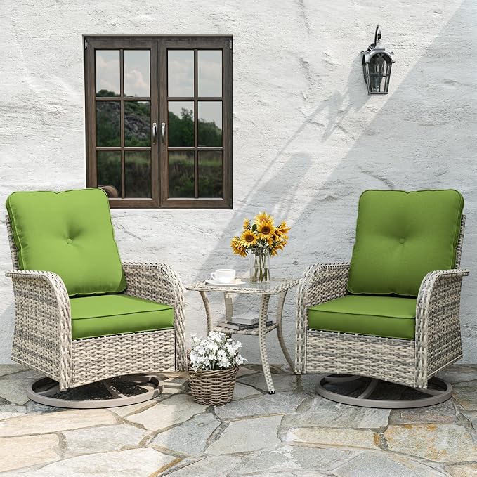 9-Piece Patio Rocking Swivel Chair Outdoor Wicker Rattan Bistro Set with Tempered Glass Side Table, Outdoor Patio Furniture Set for Garden, Deck, and Balcony, Avocado Green