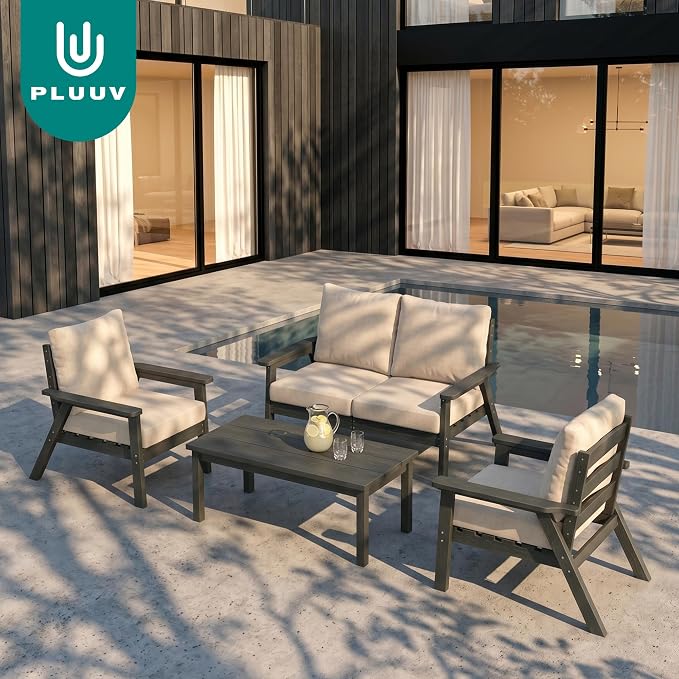PLUUV 5-Piece HDPE Patio Furniture Set, Outdoor Sectional Conversation Set with Thick Washable Cushions & Coffee Table, All-Weather Modular Couch, Gray Frame with Khaki Cushion